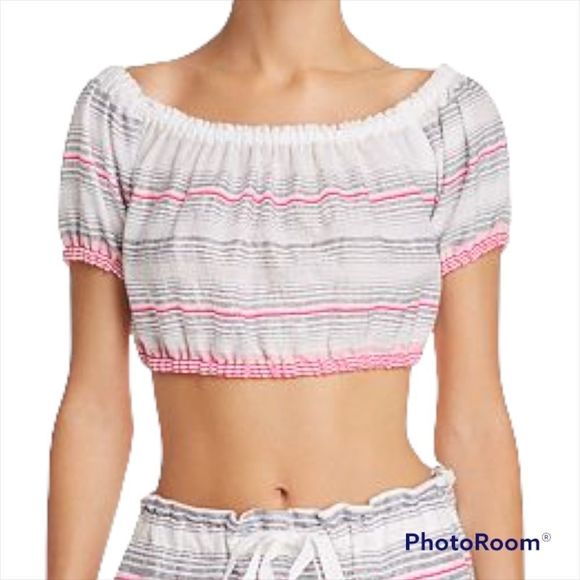 NWT Lemlem Tereza White Pink Striped Puff Sleeve Cropped Blouse Artisan Designer - Picture 1 of 4